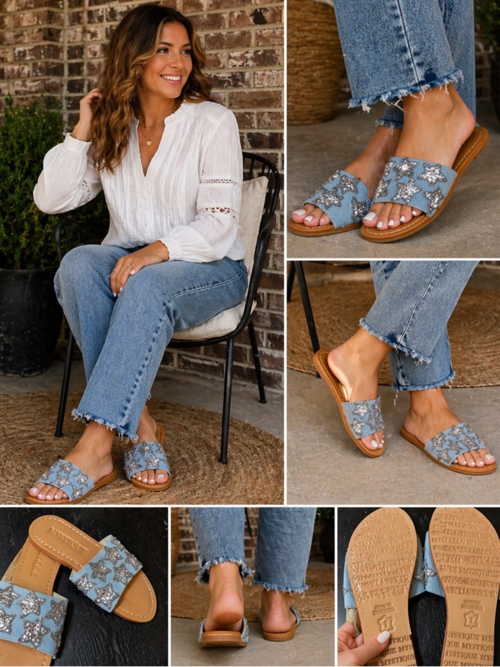 Luxury‎ Mystique Star Sequin Embellish Light Blue Denim Slide Sandals Women's 7